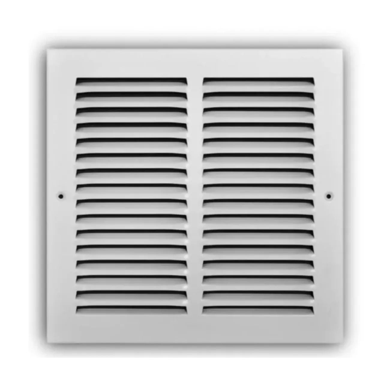 The Go Build 10 in. x 10 in. Steel Return Air Grille features horizontal slats, two screw holes, and a white powder-coated finish—perfect for any ventilation system.